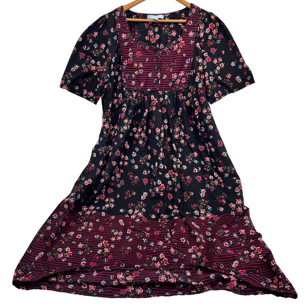 Only Necessities Womens Black Floral Mumu Midi Dress Size 14/16 M Short Sleeve